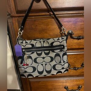 Coach Black & Gray Signature Canvas Shoulder Bag with Charm